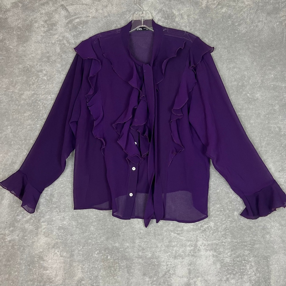 Zara Purple Ruffle Fairy Blouse Womens M Whimsical Coquette Chiffon Tie Neck Top